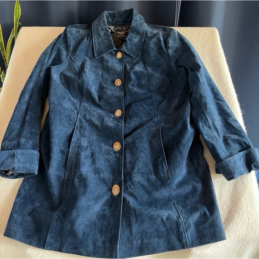 Dennis Basso 100% Leather Blue/Navy Button-Front Coat, Size L